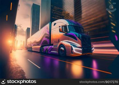 Modern futuristic truck car in city center. Neural network AI generated art. Modern futuristic truck car in city center. Neural network generated art