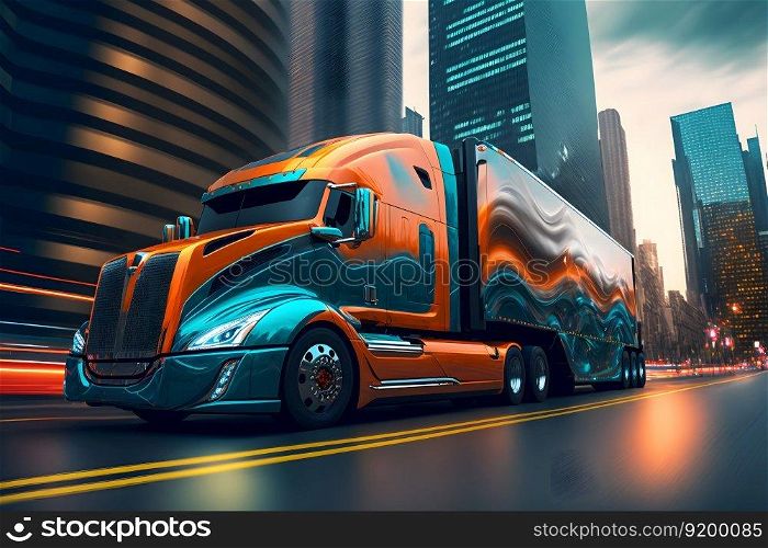 Modern futuristic truck car in city center. Neural network AI generated art. Modern futuristic truck car in city center. Neural network generated art