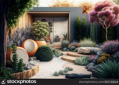 modern garden landscaped with lawn and plants in pots cozy backyard, created with generative ai. modern garden landscaped with lawn and plants in pots cozy backyard