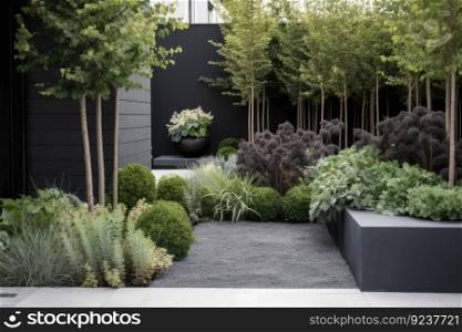 modern garden with contemporary planting and styling, created with generative ai. modern garden with contemporary planting and styling
