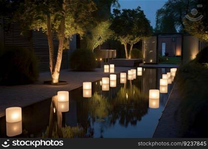 modern garden with sleek lanterns and architectural lighting, highlighting the lines of the space, created with generative ai. modern garden with sleek lanterns and architectural lighting, highlighting the lines of the space