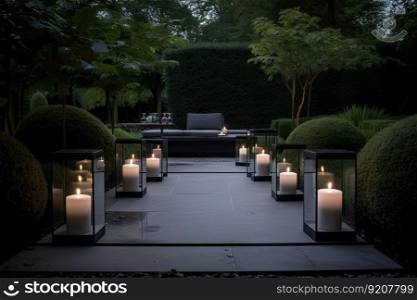 modern garden with sleek lanterns and minimalist lighting, creating calm ambiance, created with generative ai. modern garden with sleek lanterns and minimalist lighting, creating calm ambiance