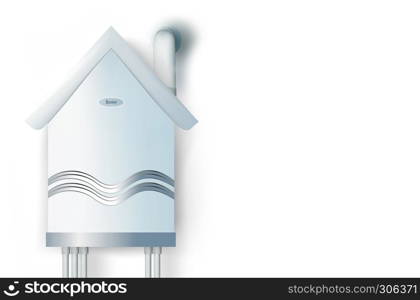 Modern gas boiler in the shape of a house. Warm up home. Warm up a home concept. Isolatedt 3d illustration