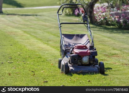 Modern gasoline lawn mower on a green meadow. Garden equipment