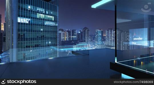 Modern glass balcony with Kuala Lumpur city skyline , night scene .Mixed media .