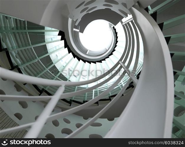modern glass spiral staircase with metallic hand-rails.