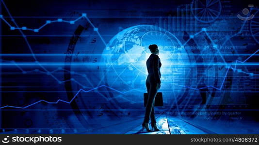 Modern global technologies. Back view of businesswoman with suitcase in hands looking at virtual panel