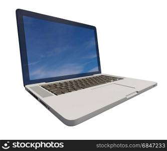 Modern Glossy Laptop Computer with Blank Blue Screen, White Aluminum Body, Generic Design Notebook on the Table, Personal Portable Laptop, Horizontal Mockup, E-Learning Illustration