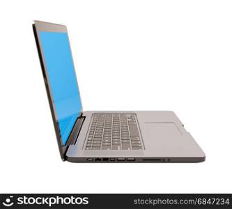 Modern Glossy Laptop Computer with Blank Blue Screen, White Aluminum Body, Generic Design Notebook on the Table, Personal Portable Laptop, Horizontal Mockup, E-Learning Illustration