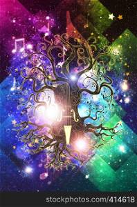 Modern glowing music poster with violin tree design background.