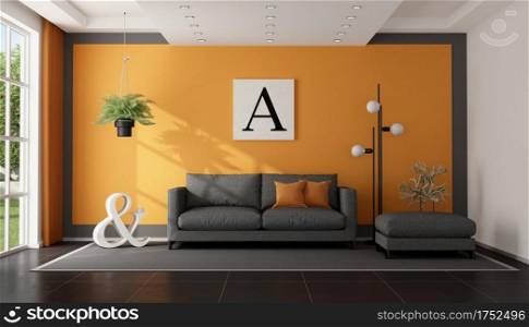 Modern gray and orange living room with fabric sofa and footstool - 3d rendering. Modern gray and orange living room