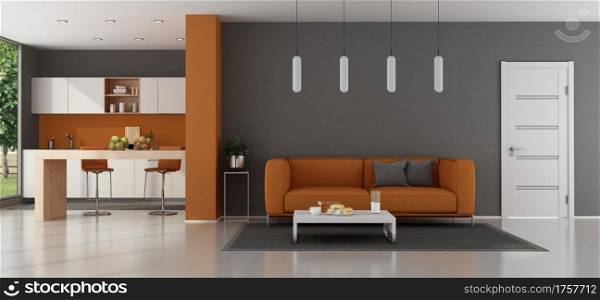 Modern gray and orange living room with kitchen on background - 3d rendering. Modern living room with kitchen on background