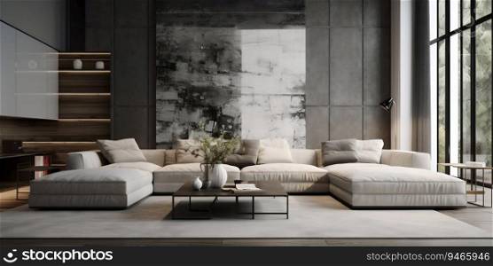 Modern Gray Living Room Interior with Sofa. Generative ai. High quality illustration. Modern Gray Living Room Interior with Sofa. Generative ai