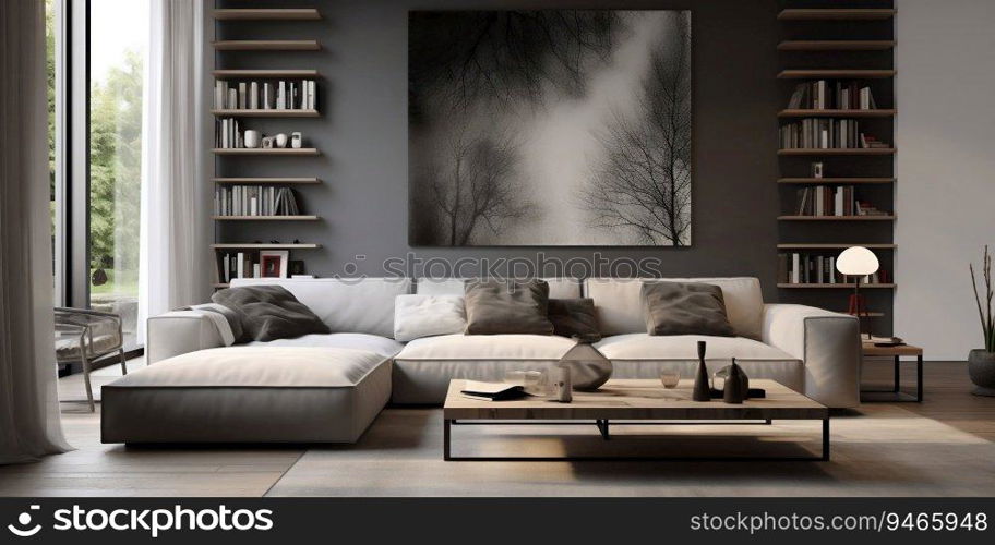 Modern Gray Living Room Interior with Sofa. Generative ai. High quality illustration. Modern Gray Living Room Interior with Sofa. Generative ai