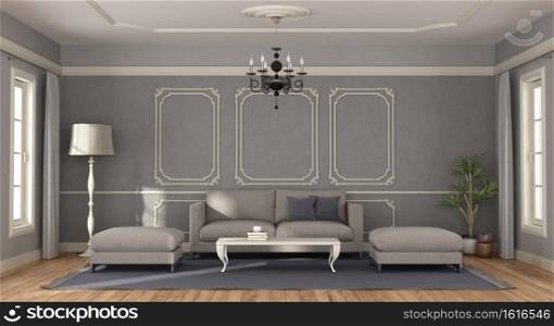 Modern gray sofa and footstool in a room in classic style - 3d rendering. Modern gray sofa in a room in classic style - 3d rendering
