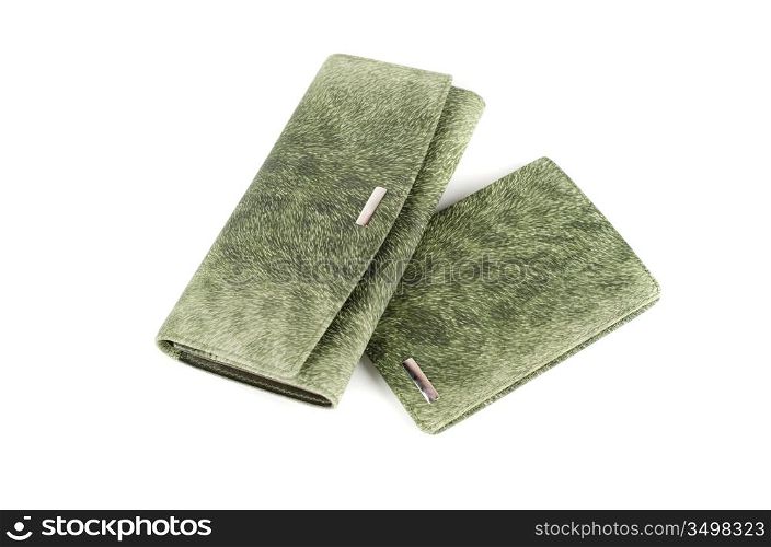 Modern green female wallets isolated on white background