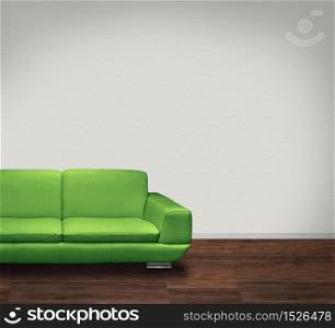 Modern green leather sofa in room with dark floor and white walls. Green leather sofa in white room