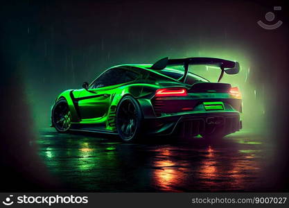  Modern green sports car on a black background.  Ge≠rative AI 