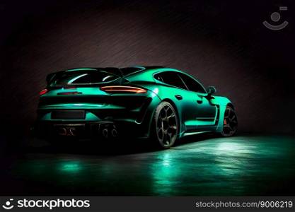  Modern green sports car on a black background.  Generative AI 