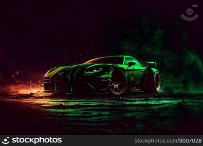  Modern green sports car on a black background.  Generative AI 