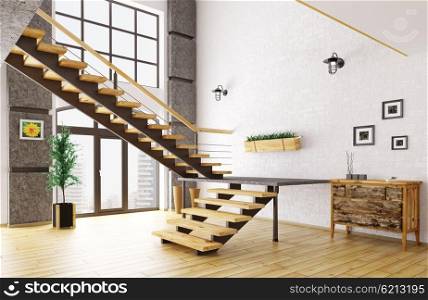 Modern hall with staircase interior 3d rendering