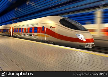 Modern high speed train departs from railway station at night with motion blur effect