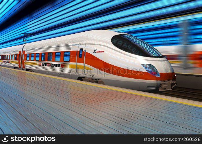 Modern high speed train departs from railway station with motion blur effect