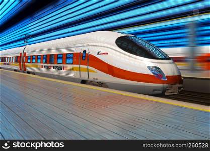 Modern high speed train departs from railway station with motion blur effect