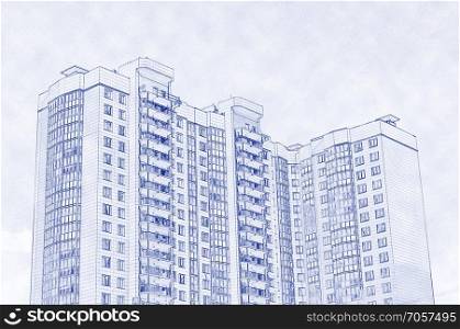 Modern highrise residential building on sky background, blueprint style