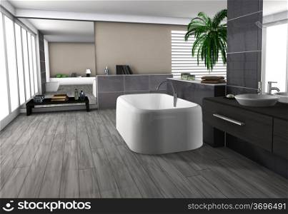 Modern home interior of a luxury bathroom with contemporary furniture and design, white floor and bathtub. No brandnames objects.