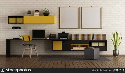 Modern home office with black and yellow furniture against white brick wall - 3d rendering. Modern home office with black and yellow furniture