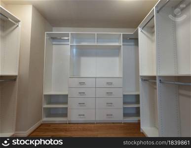 Modern home white interior closet with wood floor