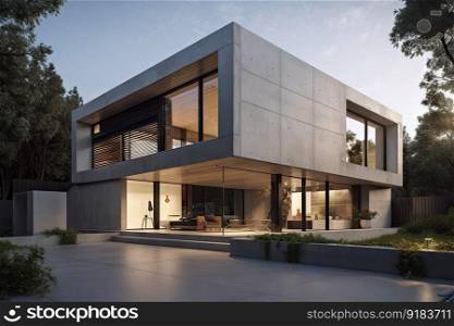 modern home with minimalist aesthetic, featuring sleek concrete wall and glass windows, created with generative ai. modern home with minimalist aesthetic, featuring sleek concrete wall and glass windows