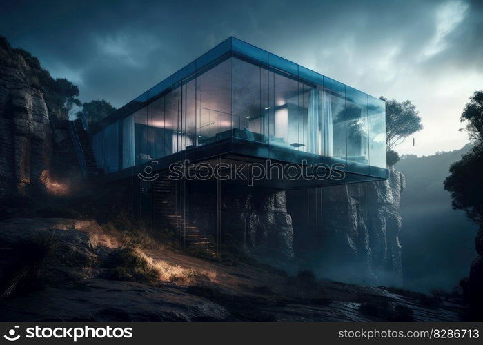 Modern house architecture building on mountain cliff. distinct generative AI image.. Modern house architecture building on mountain cliff