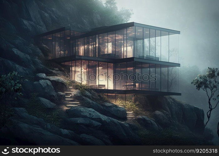 Modern house architecture building on mountain cliff. distinct generative AI image.. Modern house architecture building on mountain cliff