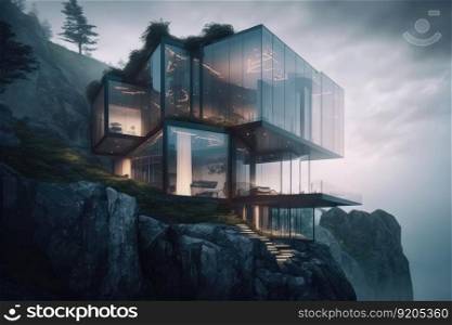 Modern house architecture building on mountain cliff. distinct generative AI image.. Modern house architecture building on mountain cliff