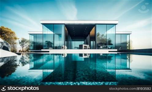 Modern house architecture with glass walls and swimming pool. Generative AI. High quality illustration. Modern house architecture with glass walls and swimming pool. Generative AI