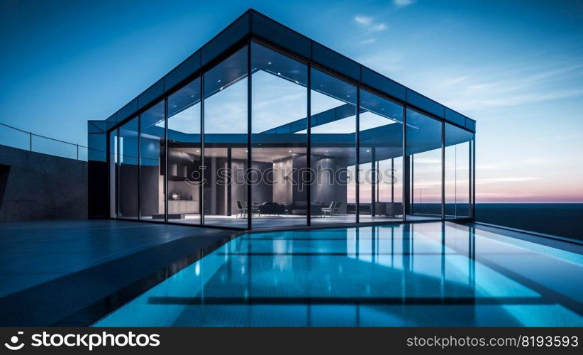 Modern house architecture with glass walls and swimming pool. Generative AI. High quality illustration. Modern house architecture with glass walls and swimming pool. Generative AI