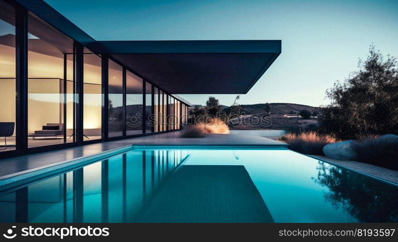 Modern house architecture with glass walls and swimming pool. Generative AI. High quality illustration. Modern house architecture with glass walls and swimming pool. Generative AI