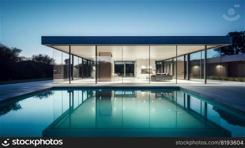 Modern house architecture with glass walls and swimming pool. Generative AI. High quality illustration. Modern house architecture with glass walls and swimming pool. Generative AI