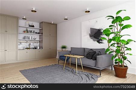 modern house interior. Sofa and kitchen zone. 3d rendering concept