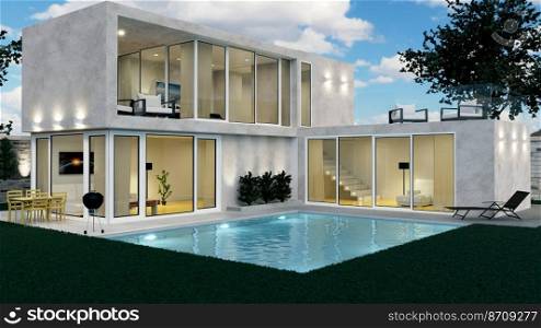 Modern house on the relief. Exterior. Evening illumination of the facade. House with swimming pool and large terrace. Modern architecture. 3d illustration