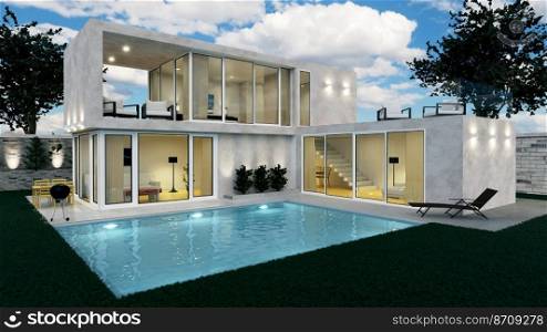Modern house on the relief. Exterior. Evening illumination of the facade. House with swimming pool and large terrace. Modern architecture. 3d illustration