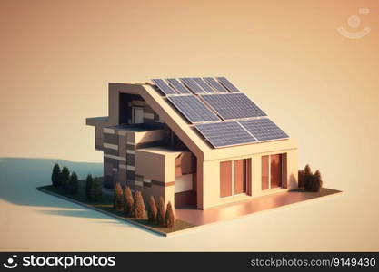 Modern house with solar panels on the roof. Clean energy concept by generative AI