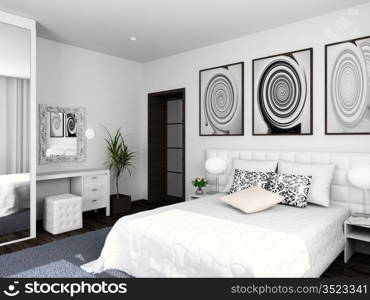 Modern interior. 3D render. Bedroom. Exclusive design.