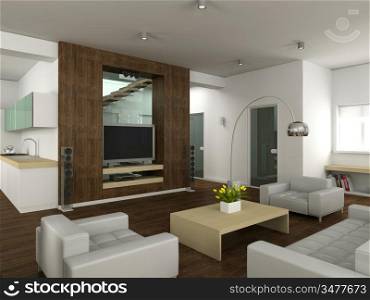 Modern interior. 3D render. Living-room