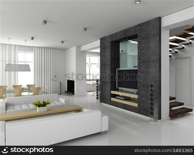 Modern interior. 3D render. Living-room
