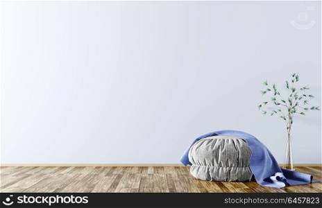 Modern interior background of living room with grey pouf and blue plaid on it 3d rendering