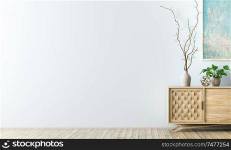 Modern interior background of living room with wooden cabinet against blue wall with copy space 3d rendering