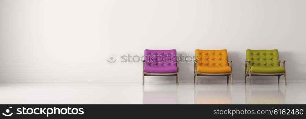 Modern interior background with three multicolored armchairs against of white wall panorama 3d rendering